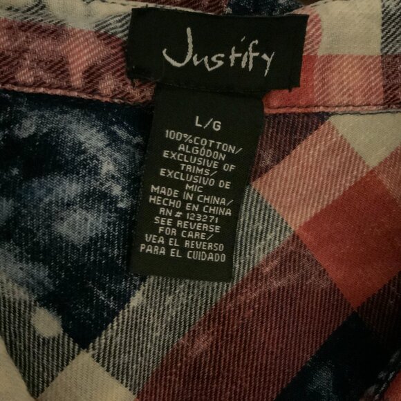 Justify Collar Denium Western Double Pocket Button Snap Pearl Plaid Women L Red - Picture 5 of 6